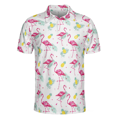 Flamingo And Tropical Pattern Polo Shirt, White Flamingo Themed Polo Shirt, Tropical Flamingo Shirt Design - Hyperfavor