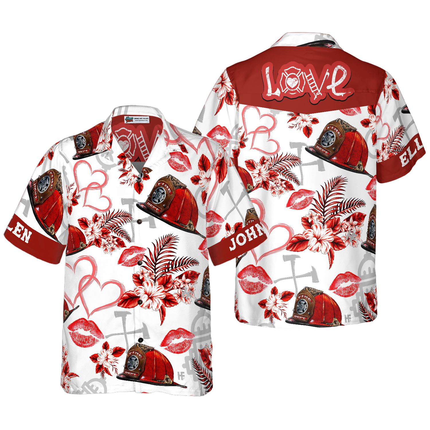 Love Firefighter Helmet Valentine Custom Hawaiian Shirt, Personalized Pink Heart Red Floral Firefighter Hawaiian Shirt For Men - Hyperfavor