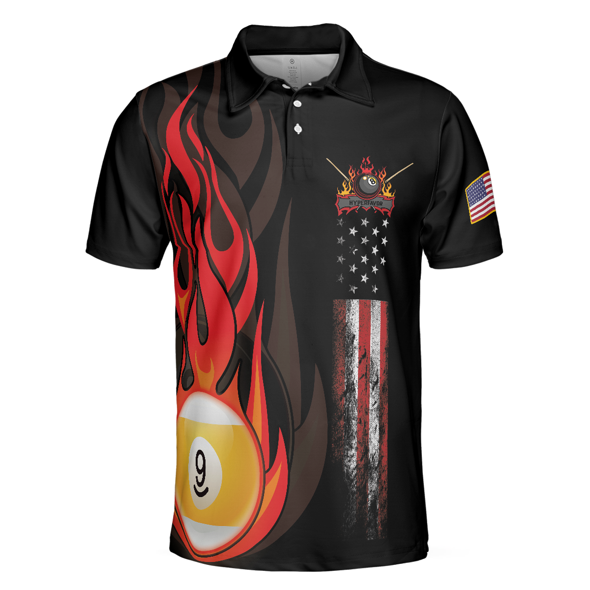 Flame 9 Ball Billiards Pool Polo Shirt, American Flag Billiards Shirt For Men, Gift For Pool Players - Hyperfavor