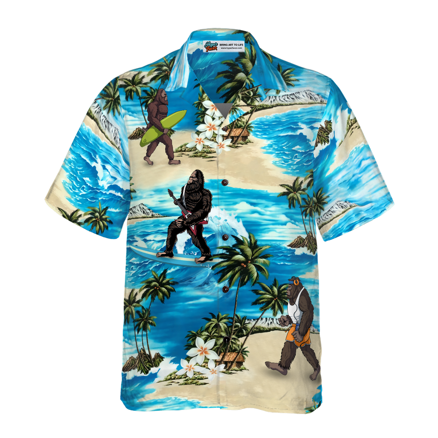 Bigfoot AIoha Beach Bigfoot Hawaiian Shirt, Palm Tree And Flower Blue Ocean Bigfoot Surfing Shirt For Men - Hyperfavor