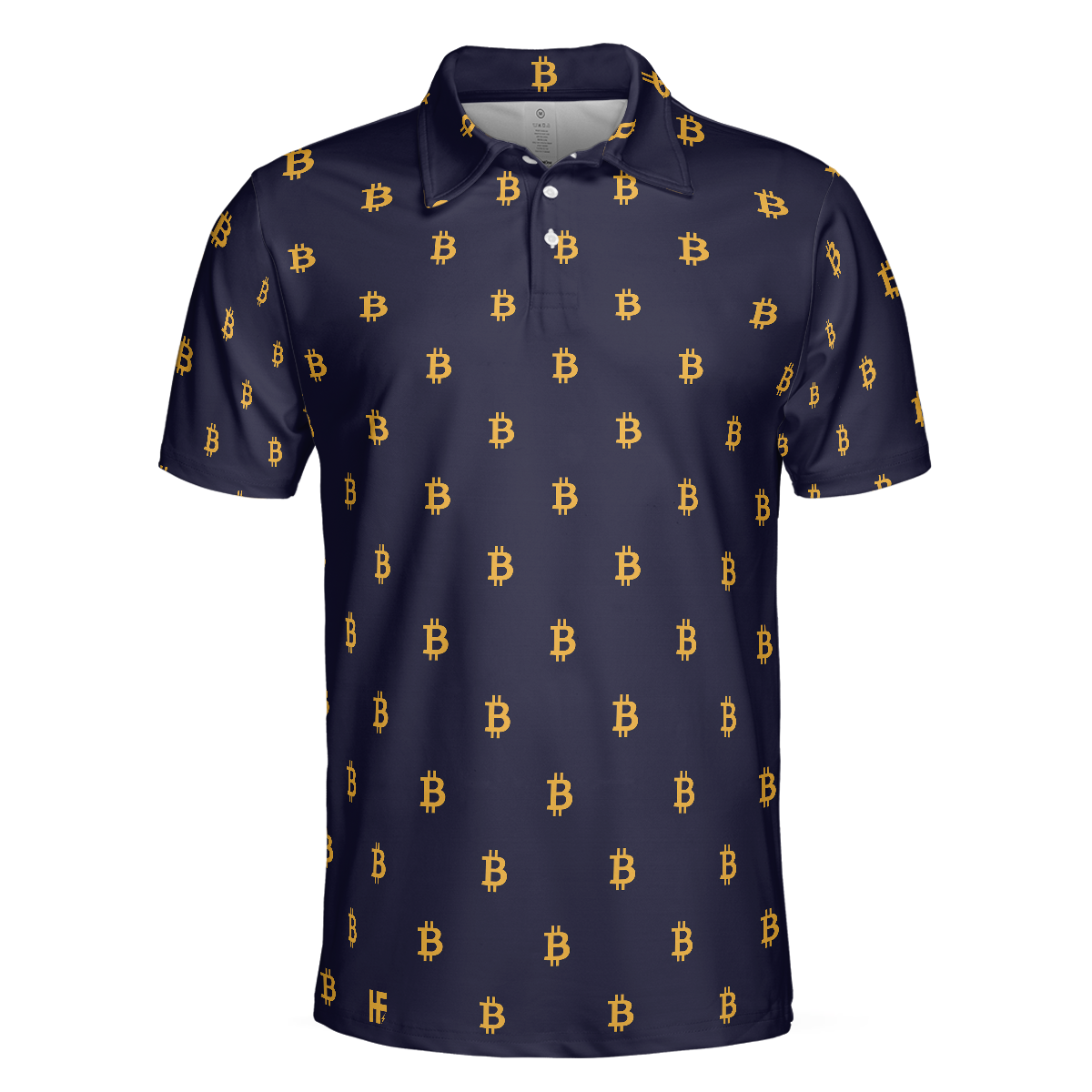 Seamless Pattern Sign Bitcoin Polo Shirt, Navy Blue And Gold Polo Shirt, Best Cryptocurrency Shirt For Men - Hyperfavor