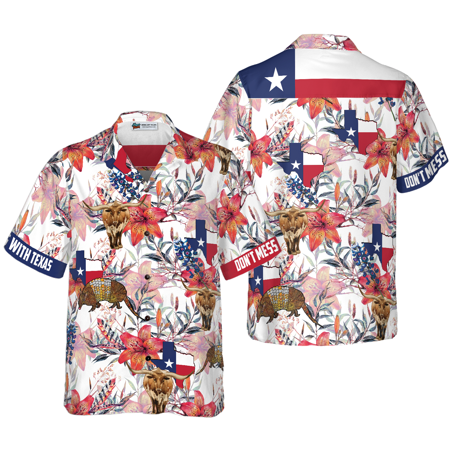 Texas Longhorn Bluebonnet And Armadillo Hawaiian Shirt, Button Down Floral Texas Flag Shirt, Proud Texas Shirt For Men - Hyperfavor