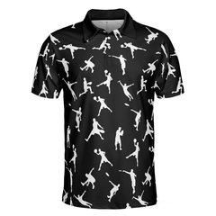 Silhouette Playing Disc Golf Polo Shirt, Black And White Disc Golfer Pattern Polo Shirt, Disc Golf Shirt For Men - Hyperfavor