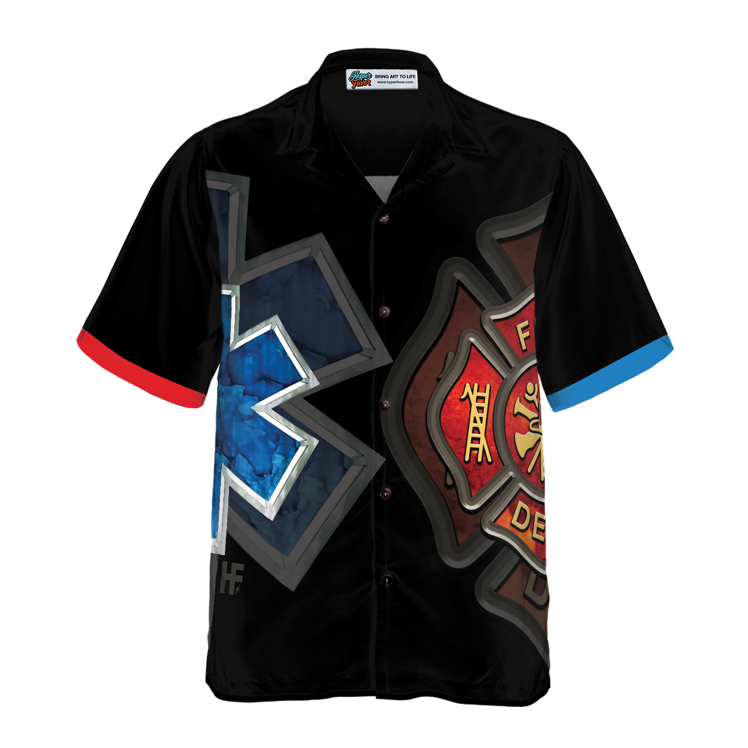 Firefighter And Paramedic Yin And Yang Firefighter Hawaiian Shirt, Red Fire Dept Logo And Blue Star Of Life Firefighter Shirt For Men - Hyperfavor