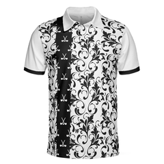 Floral Golf Pattern In White Polo Shirt, Black And White Polo Shirt, Floral Golf Shirt For Men - Hyperfavor