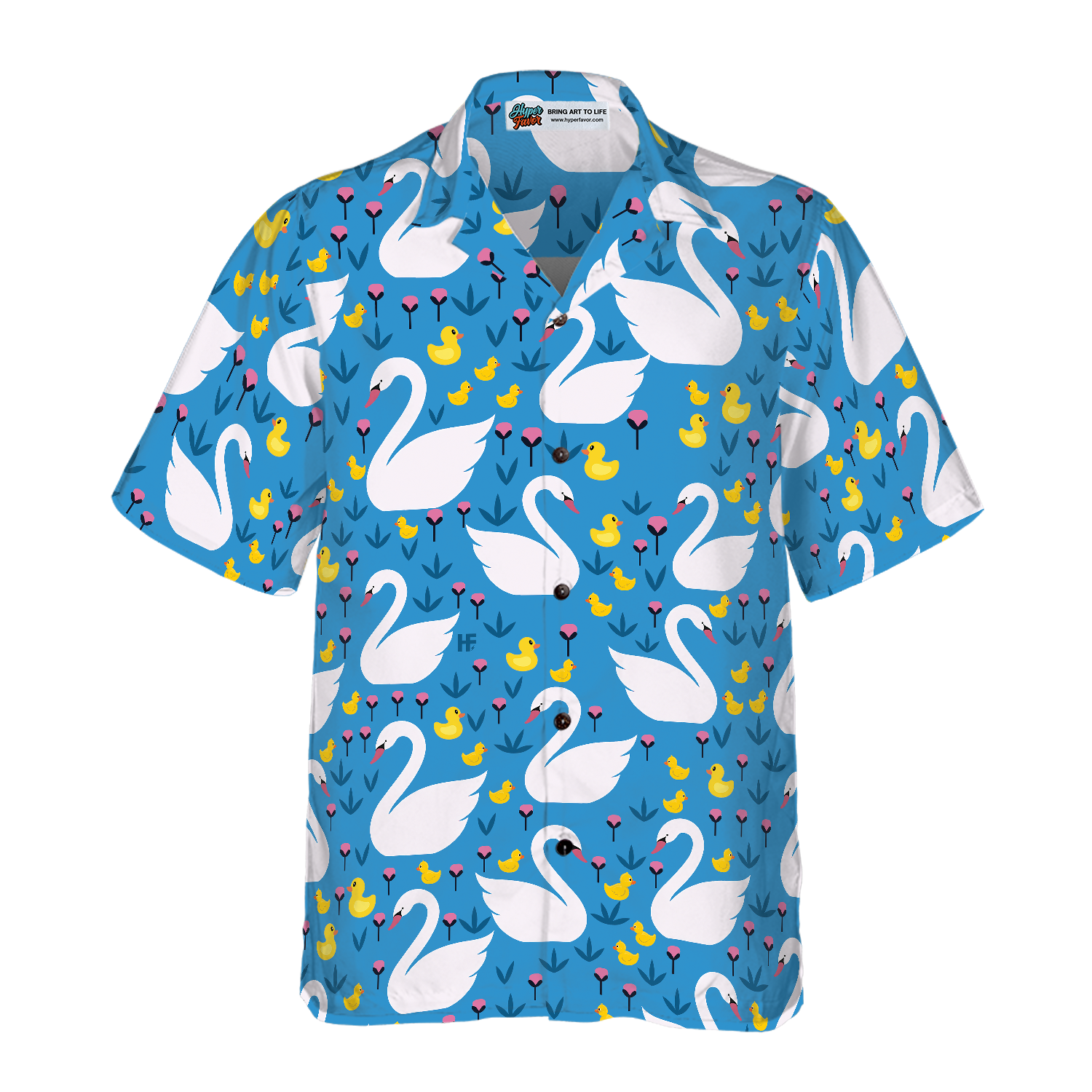 Swans And Ducks Swimming Hawaiian Shirt, Sky Blue Animals And Floral Hawaiian Shirt - Hyperfavor