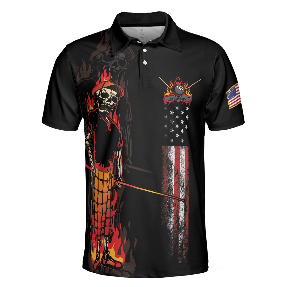 Mr Bones 8 Ball American Flag Billiards Short Sleeve Polo Shirt, Cool Skeleton Billiards Shirt For Men - Hyperfavor