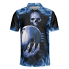 Bowling Murder Polo Shirt, Blue Flame Pattern Bowling Polo Shirt, Scary Skull Shirt Design For Halloween - Hyperfavor