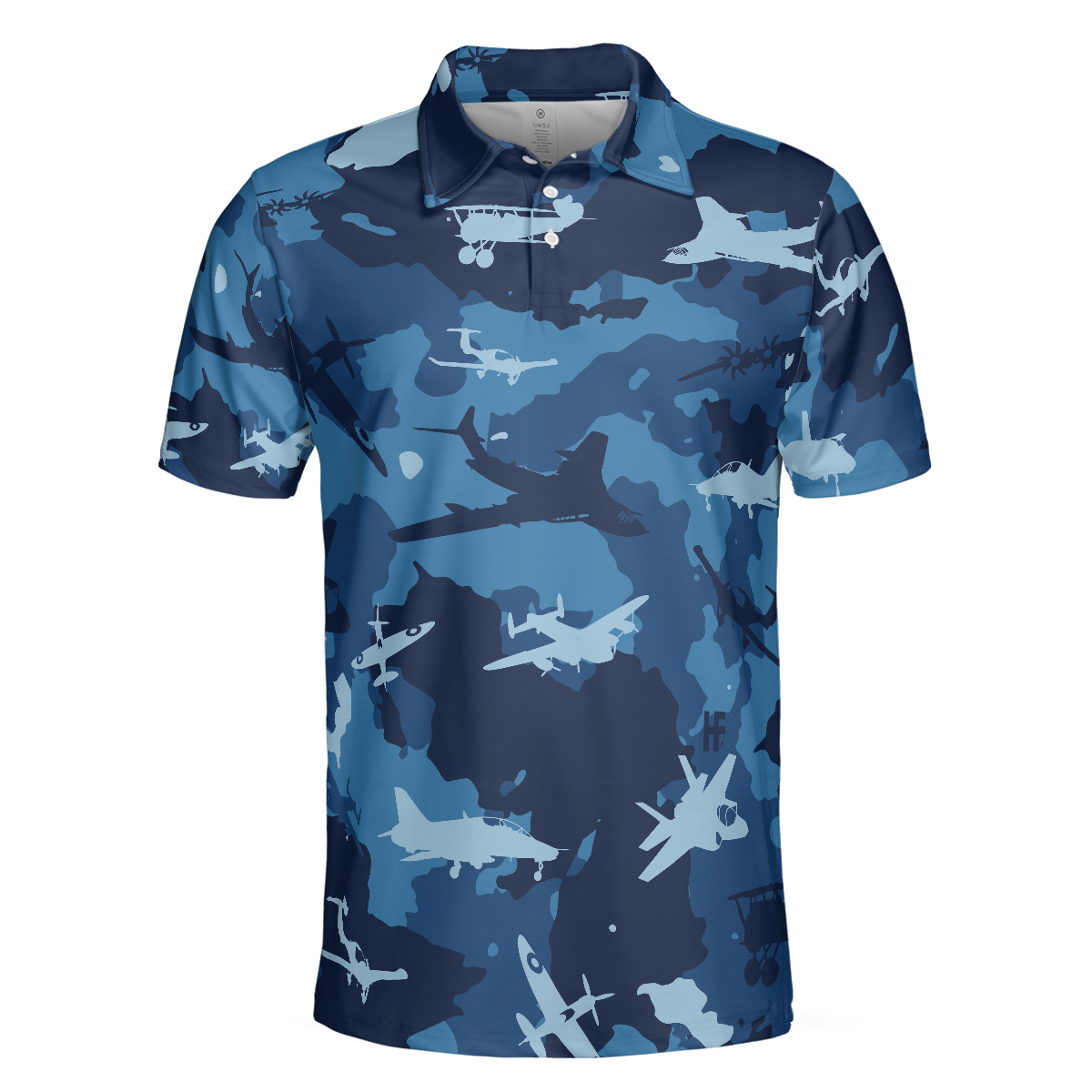 Aircraft Ocean Blue Camouflage Short Sleeve Polo Shirt, Army Polo Shirt, Best Camo Shirt For Men - Hyperfavor