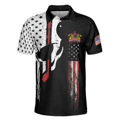 Skull American Flag With Golf Club Polo Shirt, Black And White American Flag Polo Shirt, Patriotic Golf Shirt For Men - Hyperfavor