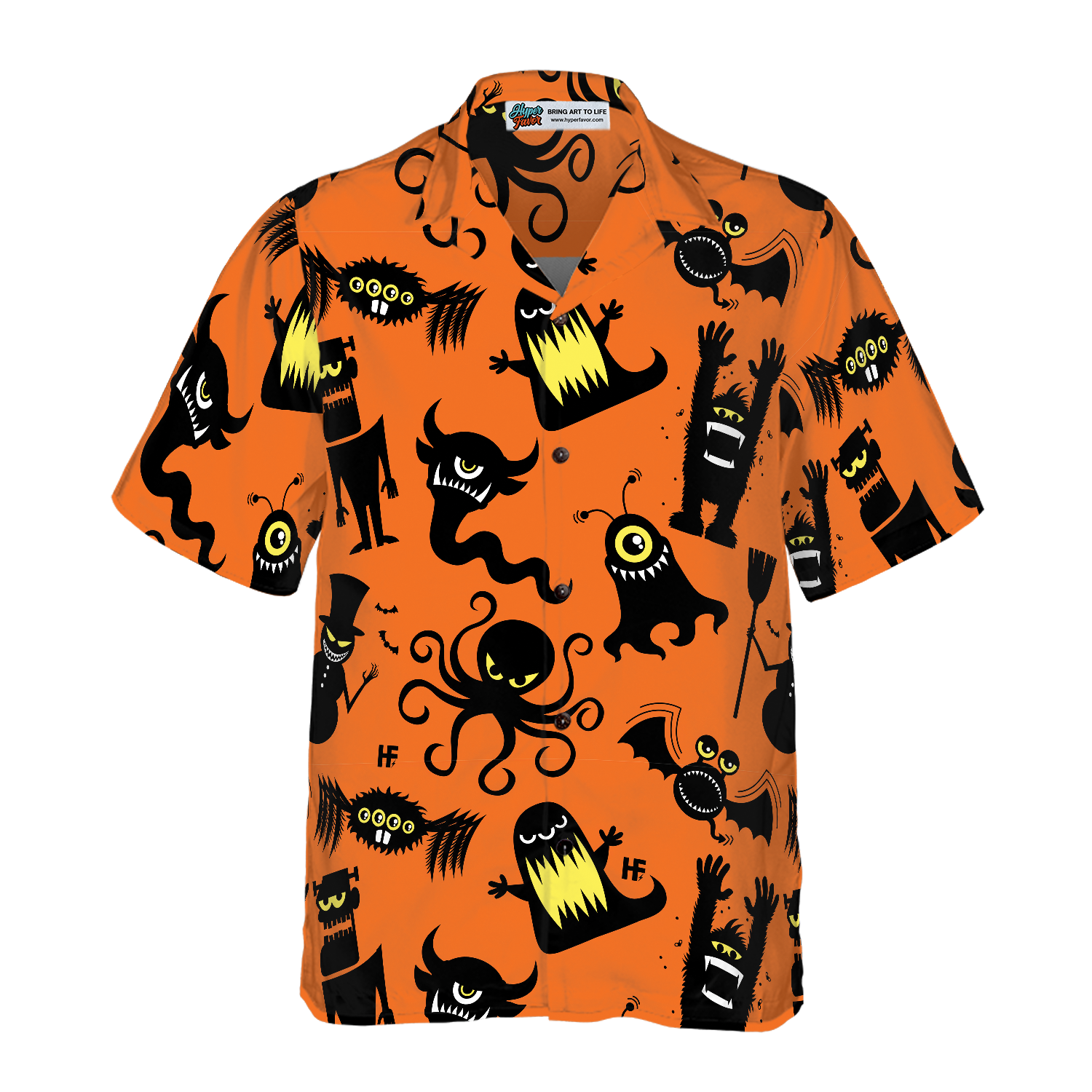 Cute Monster Silhouette Halloween Bigfoot Hawaiian Shirt, Pumpkin Orange And Black Halloween Bigfoot Shirt For Men - Hyperfavor