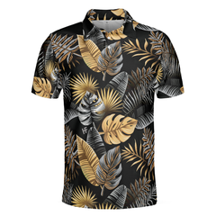 Tropical Golden Palm Leaves Pattern Polo Shirt, Tropical Leaf Polo Shirt For Adults, Summer Vibe Shirt - Hyperfavor