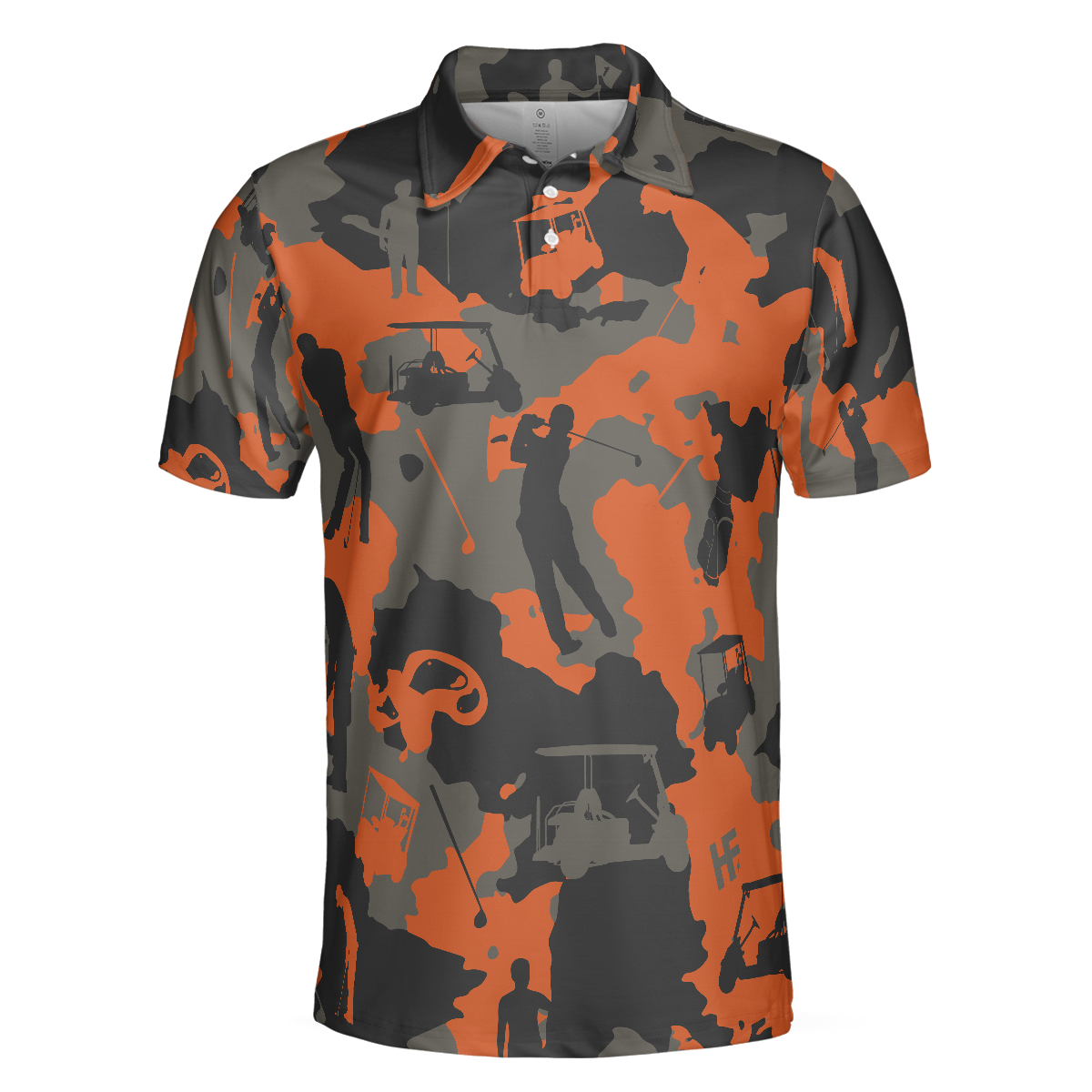 Orange Camouflage Golf Polo Shirt, Golfer Silhouette Pattern Polo Shirt, Camo Golf Shirt For Men - Hyperfavor