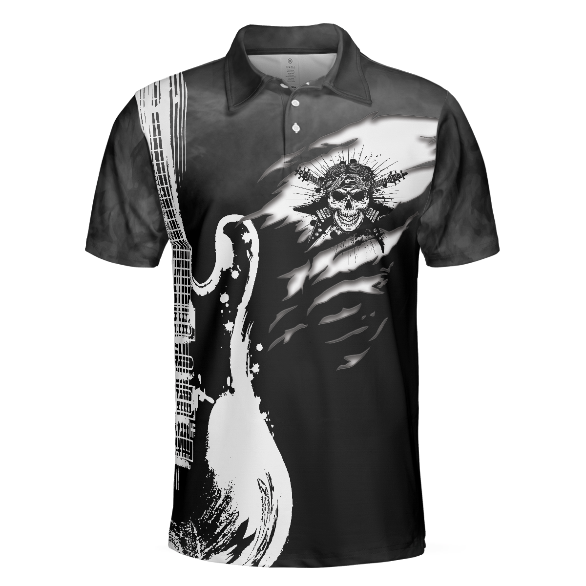 Guitar And Skull Short Sleeve Polo Shirt, Streetwear Polo Shirt, Black And White Guitar Shirt For Men - Hyperfavor