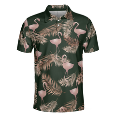 Flamingo Rose Gold Pattern Polo Shirt, Flamingo Themed Polo Shirt For Adults, Rose Gold Short Sleeve Shirt - Hyperfavor