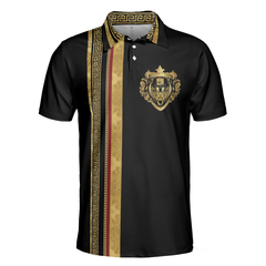 Luxury Baroque Pattern Golf Polo Shirt, Golden Greek Key Pattern Polo Shirt, Best Golf Shirt For Men - Hyperfavor