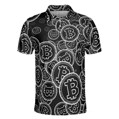 Digital Bitcoin Crypto Polo Shirt, Cool Cryptocurrency Short Sleeve Shirt, Black And White Bitcoin Polo - Hyperfavor