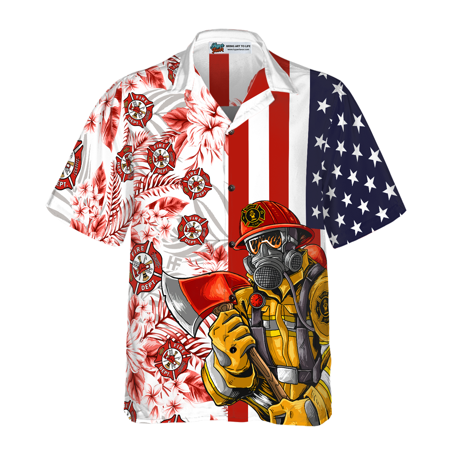 Firefighter American Flag Tropical Firefighter Hawaiian Shirt, Texas Bluebonnet Fire Dept Logo Firefighter Shirt For Men - Hyperfavor