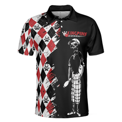 Bowling Red Black White Skull Pattern Short Sleeve Polo Shirt, Argyle Pattern Polo Shirt, Best Bowling Shirt For Men - Hyperfavor