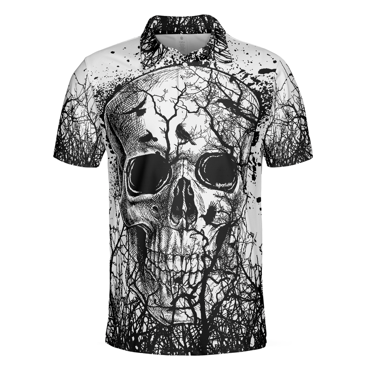 Skull Crow Black And White Short Sleeve Polo Shirt, Dark Forrest Skull Crow Shirt For Men - Hyperfavor