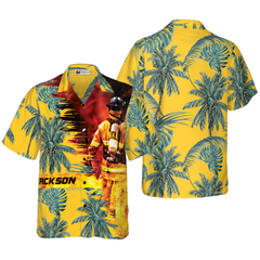 Firefighter Yellow Tropical Custom Hawaiian Shirt, Personalized Tropical Palm Tree Firefighter Shirt For Men - Hyperfavor