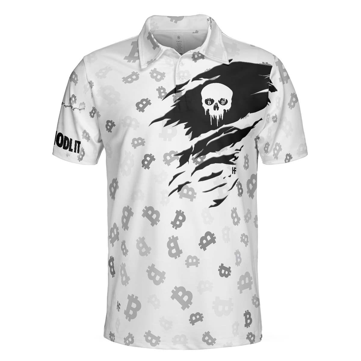 The Bitcoin Skull Polo Shirt, Black And White Skull Cryptocurrency Shirt, Bitcoin Short Sleeve Shirt Design - Hyperfavor