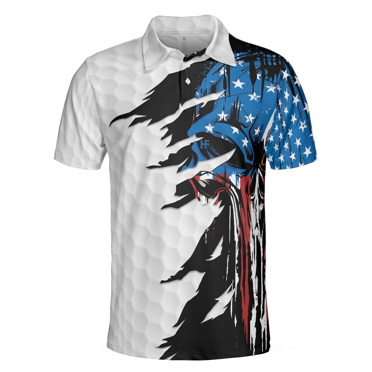 Skull American Ripped Golf Polo Shirt, White American Flag Polo Shirt, Patriotic Golf Shirt For Men - Hyperfavor