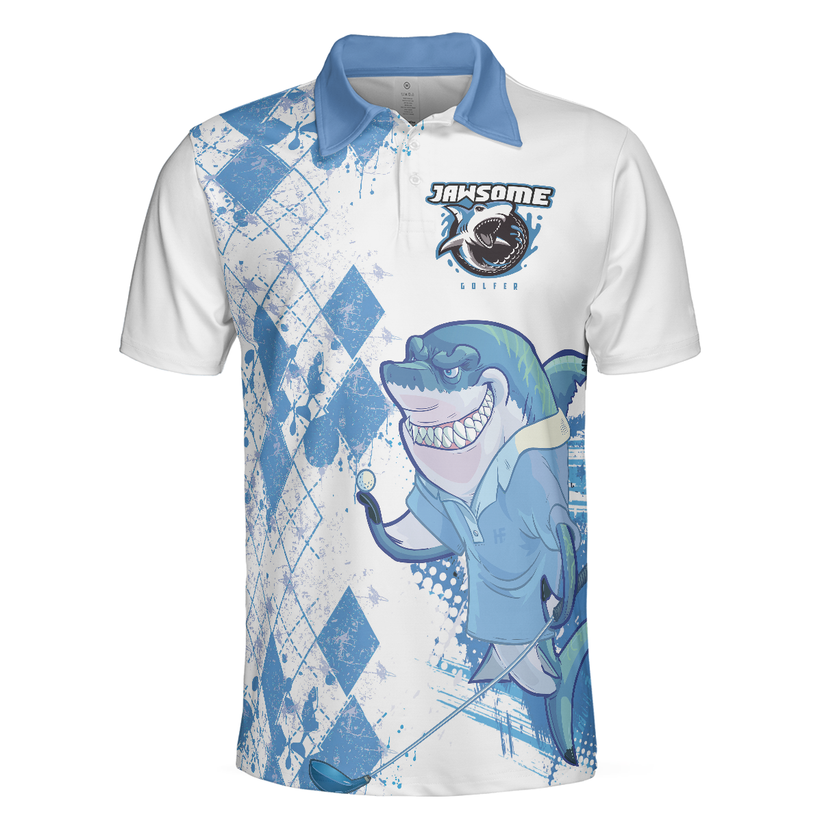 Jawsome Golfer Shark Short Sleeve Golf Polo Shirt, Argyle Pattern Polo Shirt, Best Golf Shirt For Men - Hyperfavor