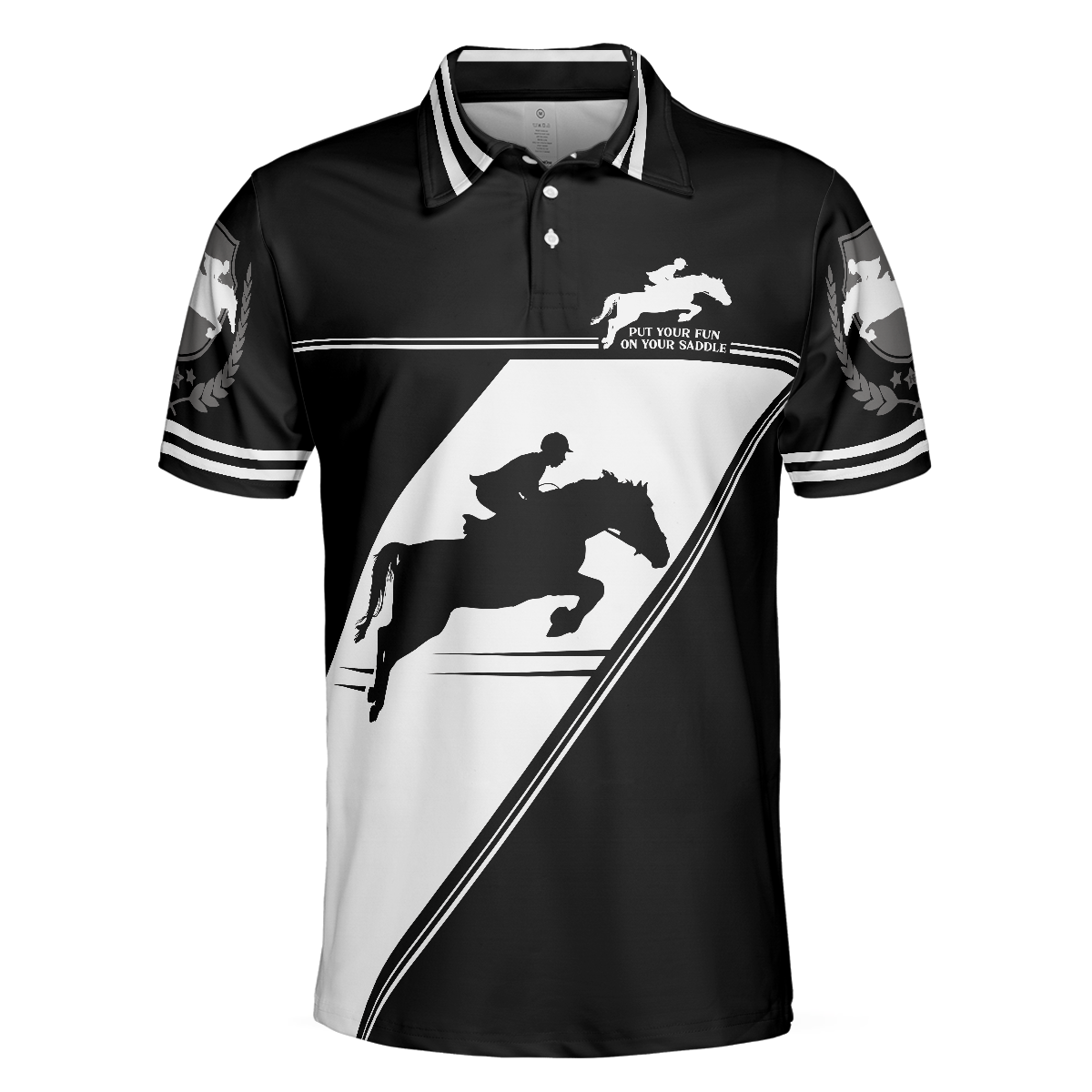 Put Your Fun On Your Saddle Horse Riding Polo Shirt, Black And White Horse Riding Shirt For Men - Hyperfavor