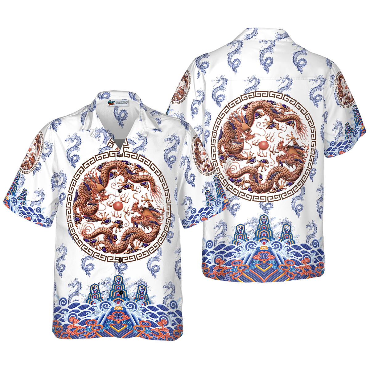 Chinoiserie Dragon White Hawaiian Shirt - Hyperfavor