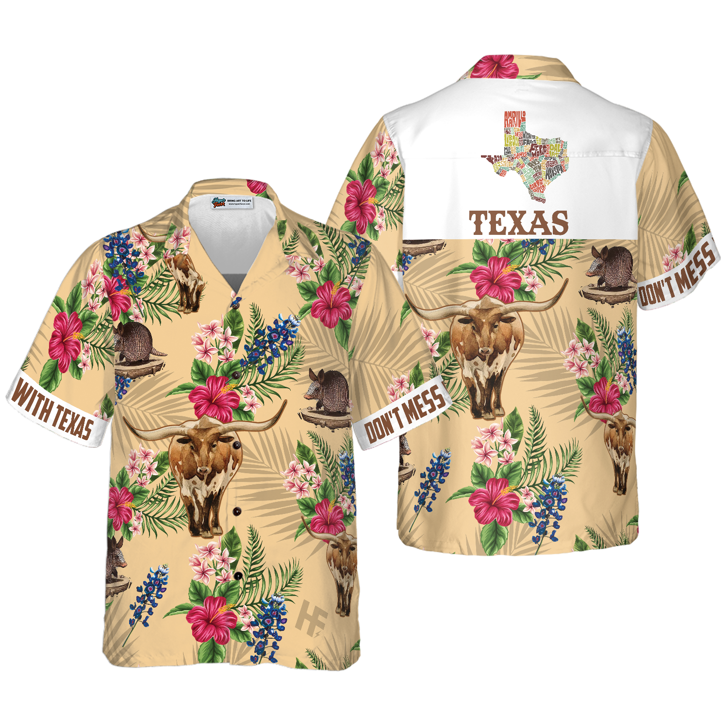 Insignia Bluebonnet Texas Hawaiian Shirt White Back Cream Version, Don't Mess With Texas Armadillo and Longhorn, Texas Home Shirt For Men - Hyperfavor