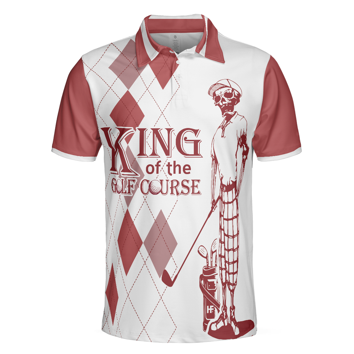 King Of The Golf Course Golf Polo Shirt, Red Argyle Pattern Skeleton Golfer Polo Shirt, Best Golf Shirt For Men - Hyperfavor