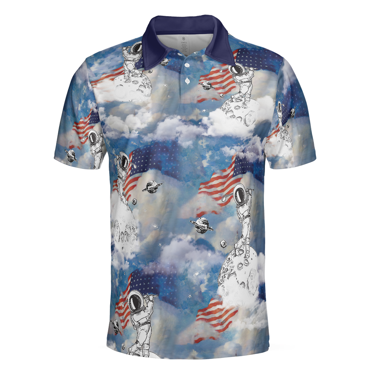 Astronaut Plays Golf In Space American Flag Polo Shirt, Cloud Golfing Polo Shirt, Best Golf Shirt For Men - Hyperfavor