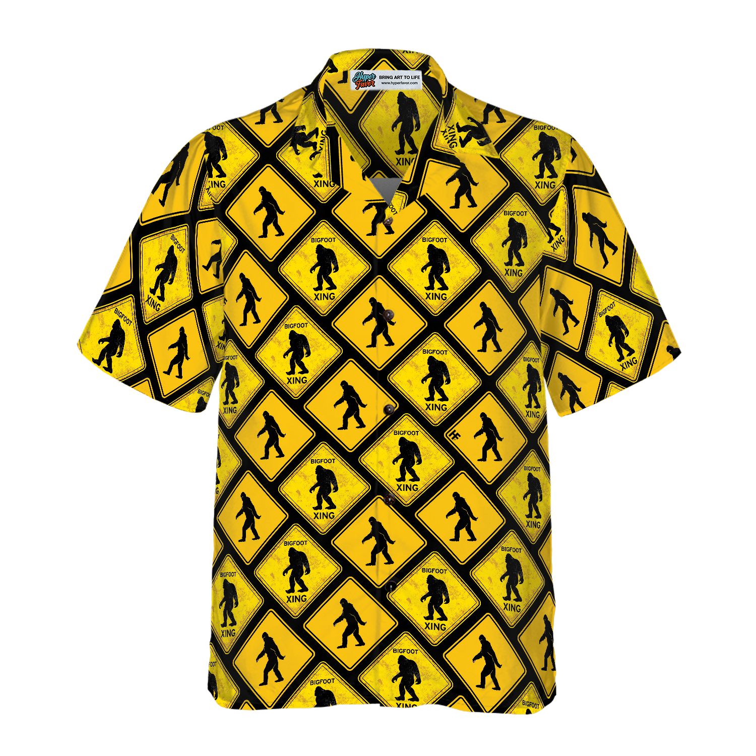 Bigfoot Yellow Square Bigfoot Hawaiian Shirt, Diamond Pattern Caution Signs Bigfoot Shirt For Men - Hyperfavor