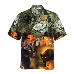 Black Cat & The Pumpkin Halloween Hawaiian Shirt, Halloween Shirt For Men And Women - Hyperfavor