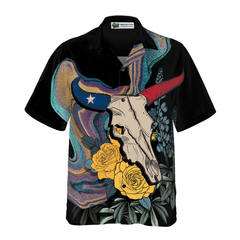 Artistic Longhorn Skull Texas Hawaiian Shirt For Men, Black Royal Gold Rose Shirt, Bluebonnet Proud Texas Shirt For Texans - Hyperfavor