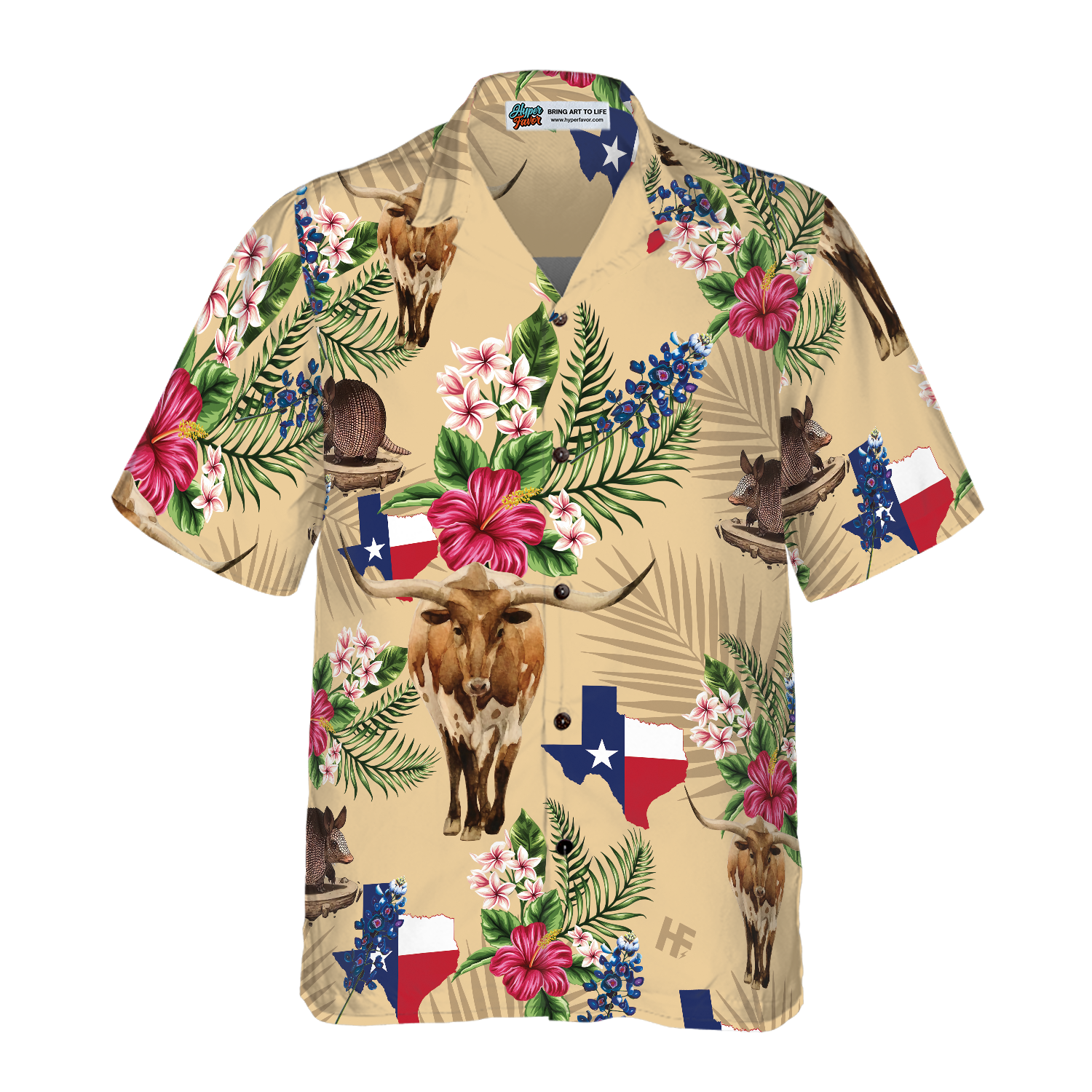 Insignia Bluebonnet Texas Hawaiian Shirt Cream Version, Don't Mess With Texas Armadillo And Longhorn, Texas Home Shirt For Men - Hyperfavor