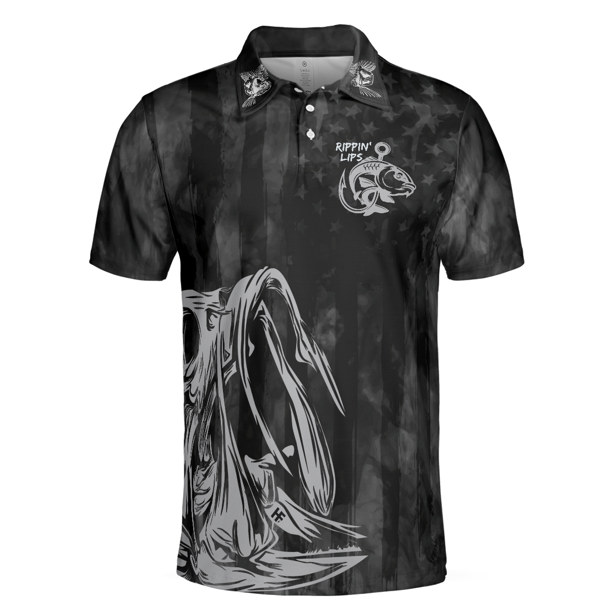 Rippin' Lips Skull Fish Skeleton Fishing Polo Shirt, Black Fish Hook Polo Shirt, Best Fishing Shirt For Men - Hyperfavor