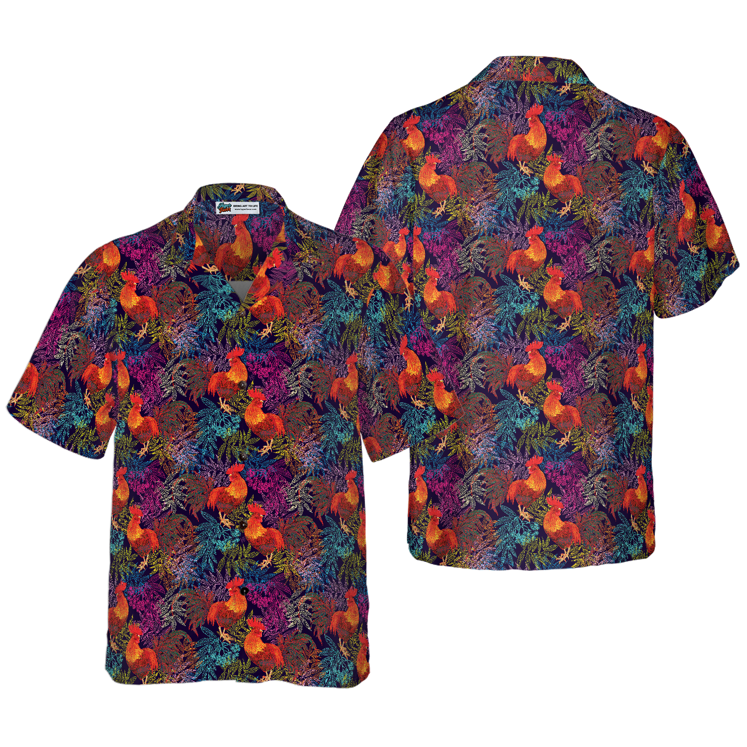 Stylish Rooster Chicken And Leaves Hawaiian Shirt - Hyperfavor