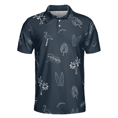 Mini Tropical Icons Polo Shirt, Black And White Tropical Floral Flamingo Polo Shirt For Men - Hyperfavor