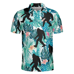 Bigfoot Tropical Short Sleeve Polo Shirt, Floral And Leaves Polo Shirt, Best Bigfoot Shirt For Men - Hyperfavor