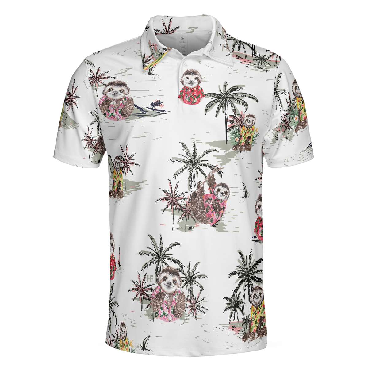 Cute Sloth With Tropical Plants Polo Shirt, White Tropical Sloth Shirt For Men And Women, Sloth Summer Shirt Design - Hyperfavor