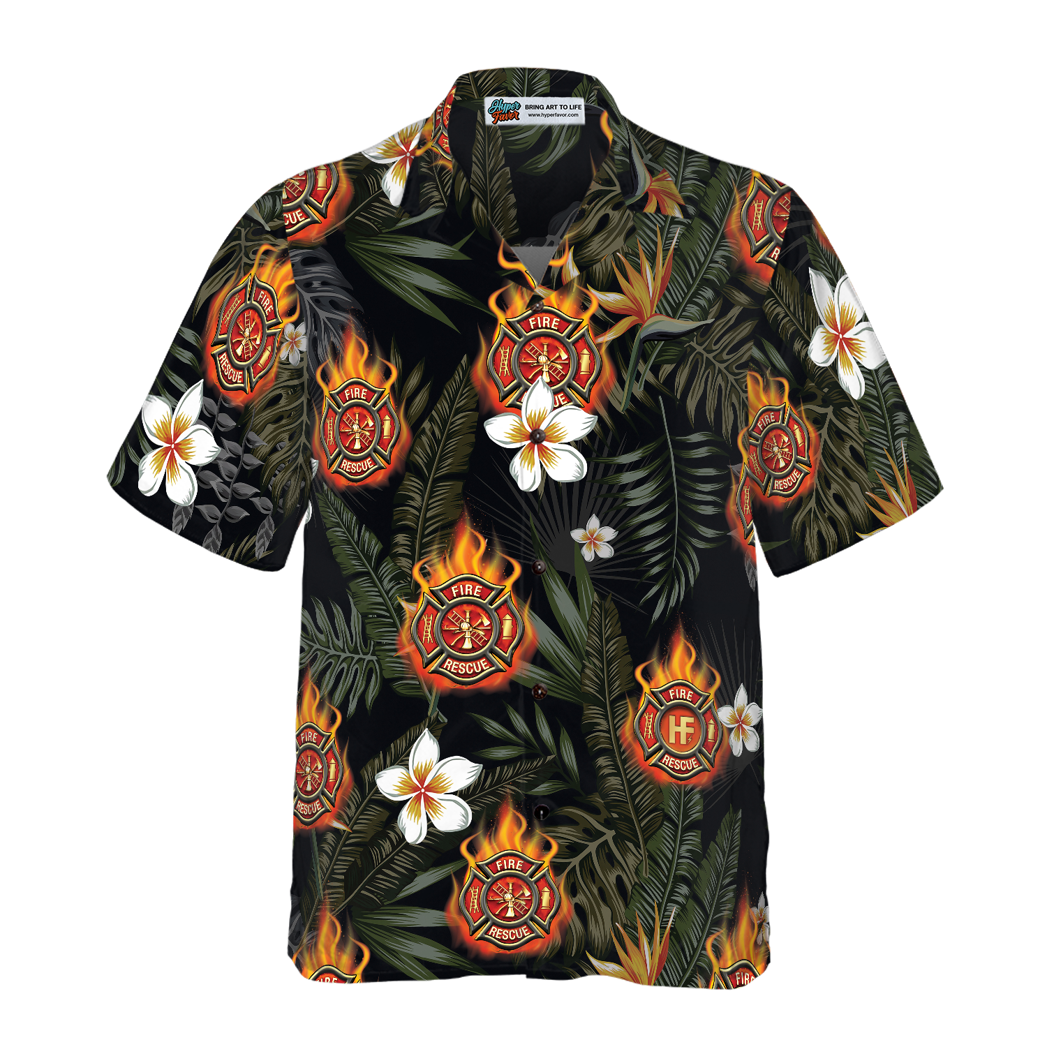 Firefighter Logo On Flame And Black Tropical Seamless Firefighter Hawaiian Shirt, Floral Firefighter Shirt For Men - Hyperfavor