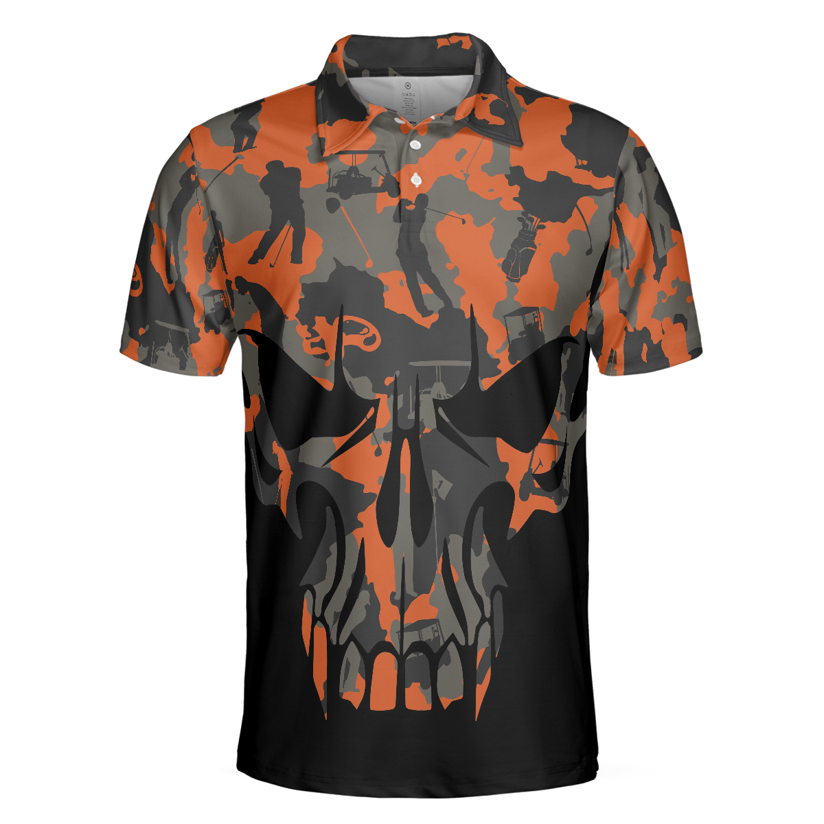 Orange Camouflage Golf Set Skull Golf Polo Shirt, Golfer Silhouette Pattern Polo Shirt, Camo Golf Shirt For Men - Hyperfavor