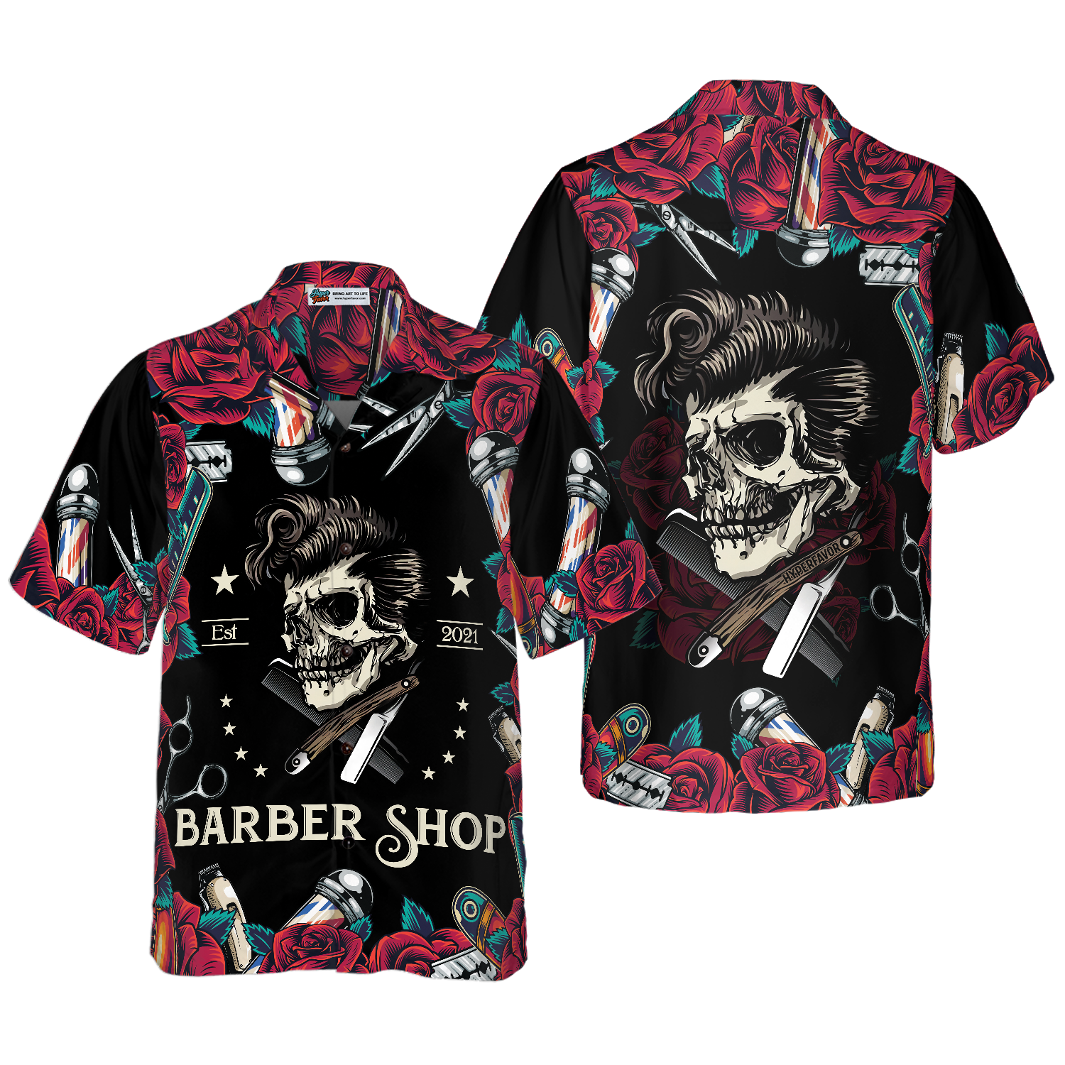 Rose & The Barber Skull Hawaiian Shirt - Hyperfavor