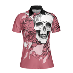 Golf Pink Skull Ladies Short Sleeve Women Polo Shirt, Rose Golf Shirt For Ladies, Cool Female Golf Gift - Hyperfavor