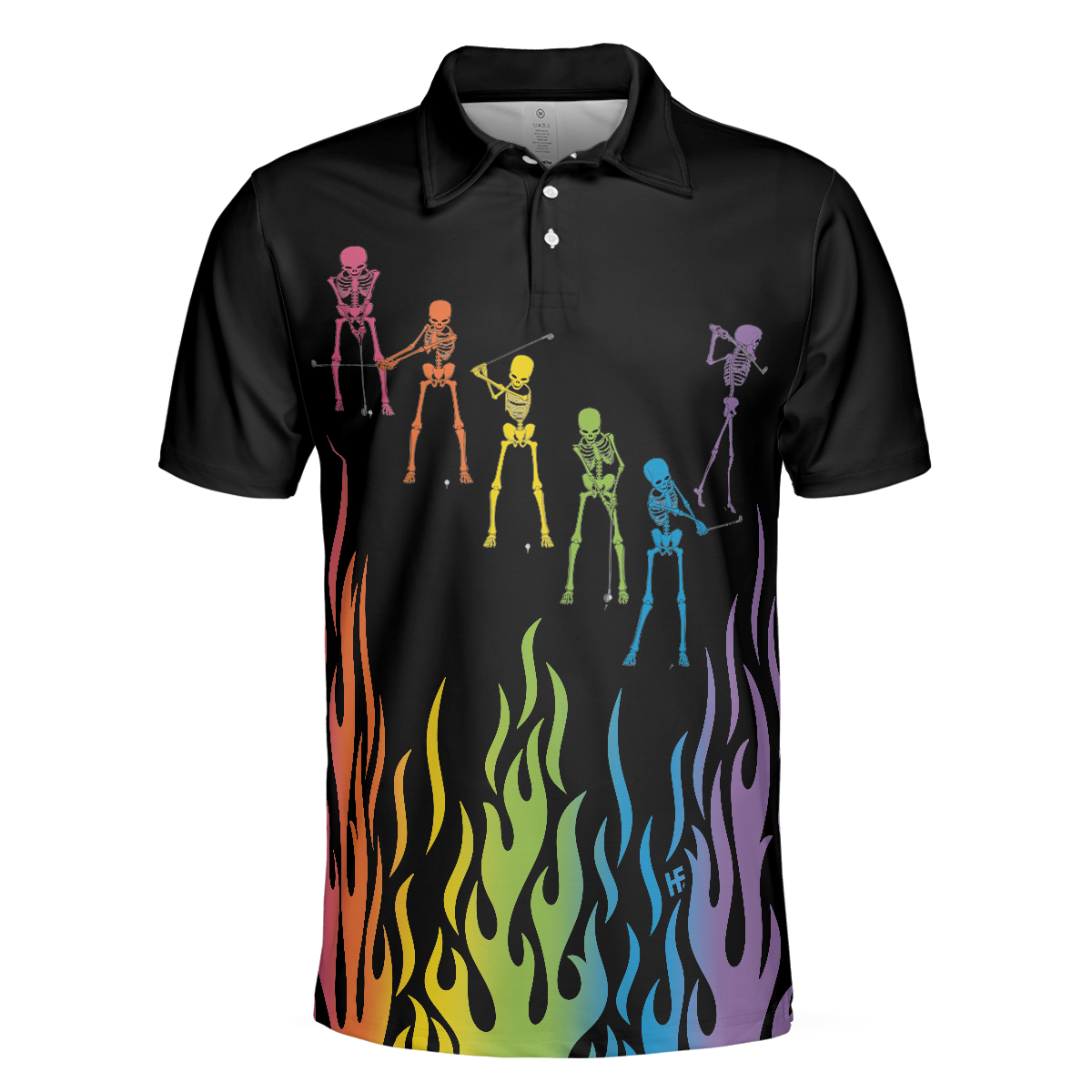 Skeleton Playing Golf Polo Shirt, Rainbow Pallette Fire Golfing Polo Shirt, Cool Golf Shirt For Men - Hyperfavor