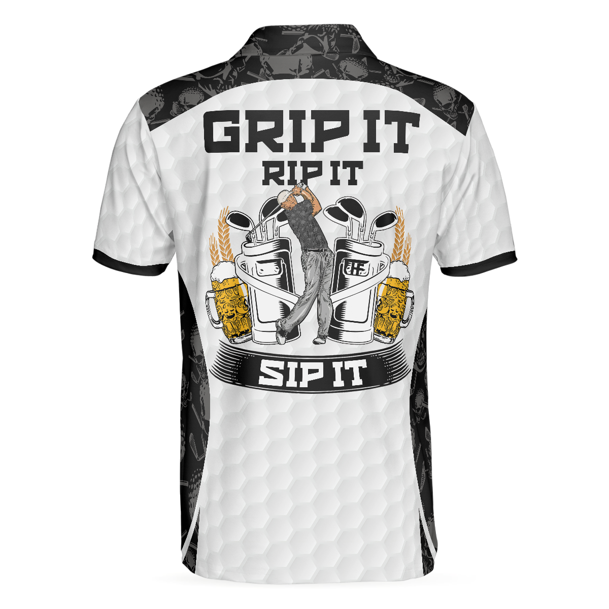 Grip It Rip It Sip It Golf White Polo Shirt, Skull Pattern Shirt For Christmas, Scary Gift Idea For Golfers - Hyperfavor