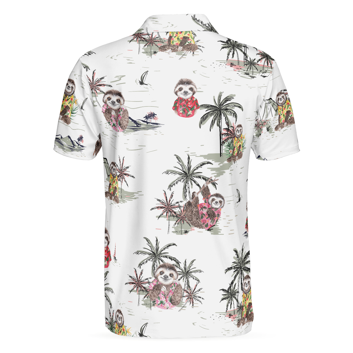 Cute Sloth With Tropical Plants Polo Shirt, White Tropical Sloth Shirt For Men And Women, Sloth Summer Shirt Design - Hyperfavor