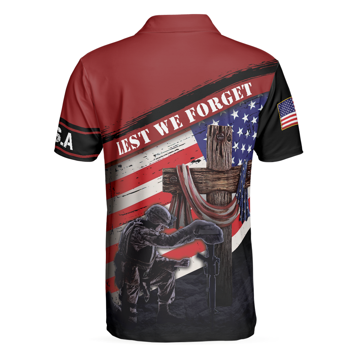 Lest We Forget With USA Flag Polo Shirt, American Flag Polo Shirt For Men, Gift Idea For Veterans - Hyperfavor